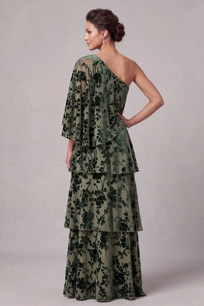 Elegant One-Shoulder Cape-Sleeve Tiered Green Maxi Mother Of The Bride Dresses