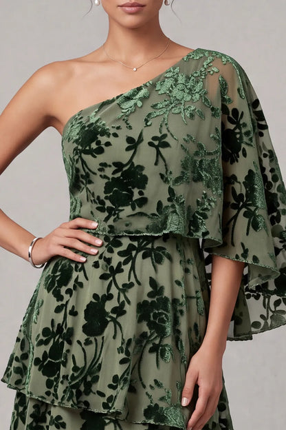 Elegant One-Shoulder Cape-Sleeve Tiered Green Maxi Mother Of The Bride Dresses