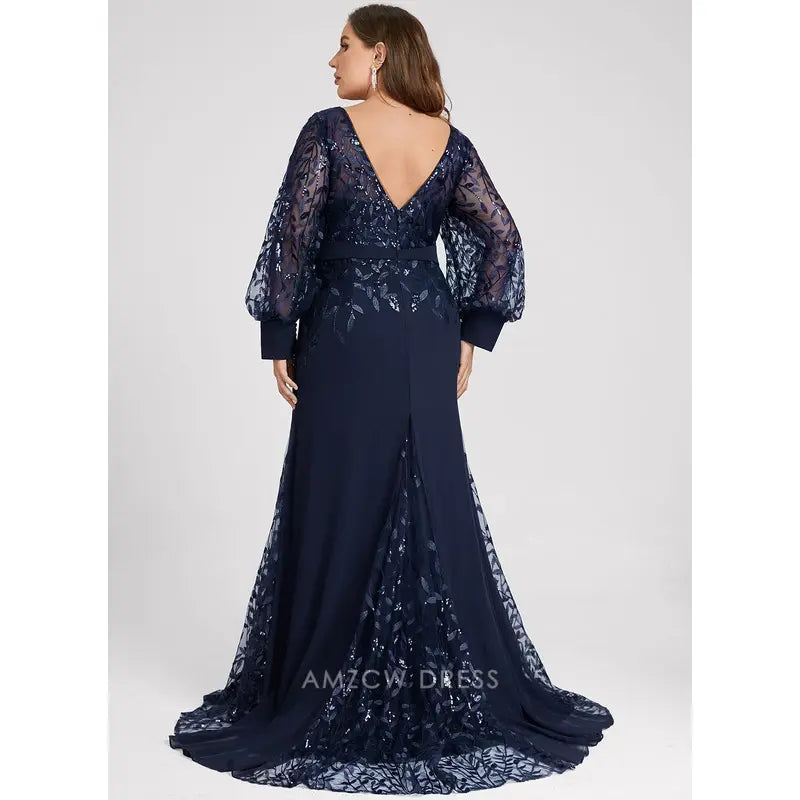 Elegant Plus size Lace Puff Sleeve Mermaid Maxi Dress with Sequin Detail Prom Dress