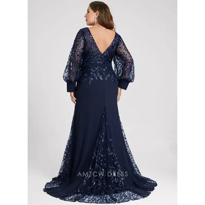 Elegant Plus size Lace Puff Sleeve Mermaid Maxi Dress with Sequin Detail Prom Dress