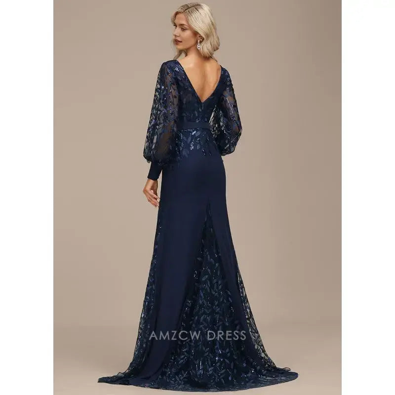 Elegant Plus size Lace Puff Sleeve Mermaid Maxi Dress with Sequin Detail Prom Dress