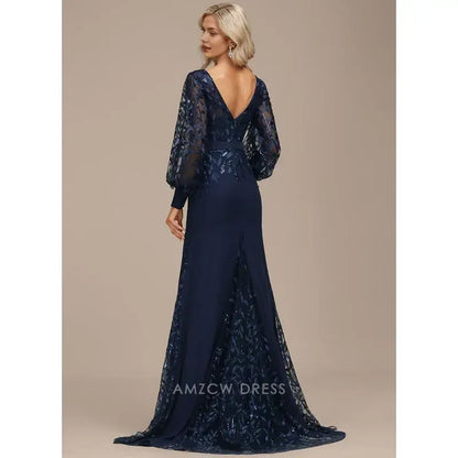 Elegant Plus size Lace Puff Sleeve Mermaid Maxi Dress with Sequin Detail Prom Dress