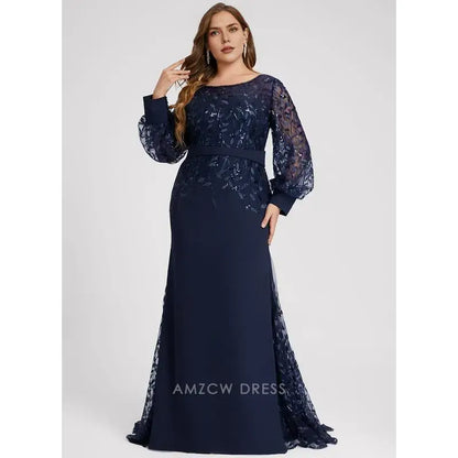 Elegant Plus size Lace Puff Sleeve Mermaid Maxi Dress with Sequin Detail Prom Dress