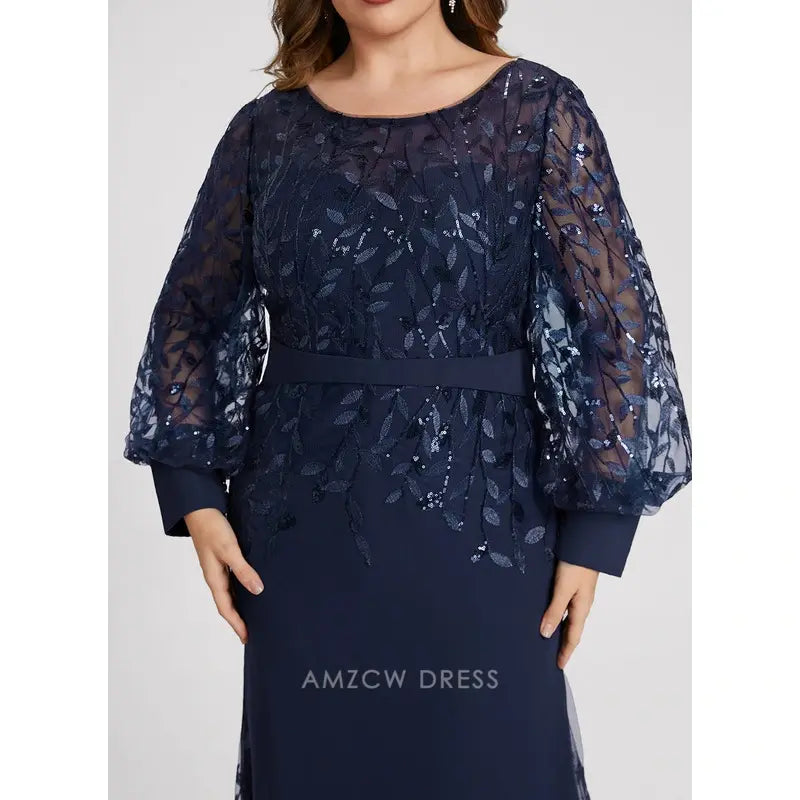 Elegant Plus size Lace Puff Sleeve Mermaid Maxi Dress with Sequin Detail Prom Dress