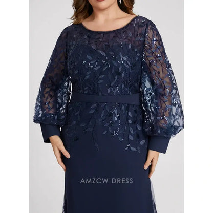 Elegant Plus size Lace Puff Sleeve Mermaid Maxi Dress with Sequin Detail Prom Dress