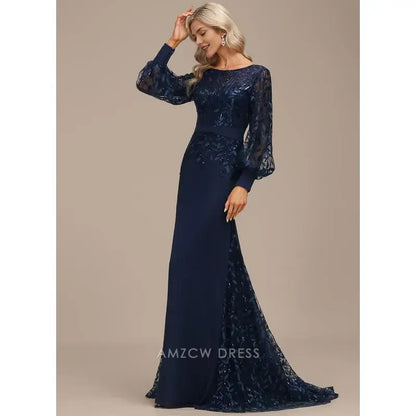 Elegant Plus size Lace Puff Sleeve Mermaid Maxi Dress with Sequin Detail Prom Dress