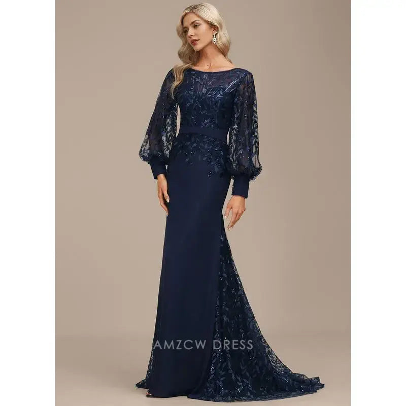Elegant Plus size Lace Puff Sleeve Mermaid Maxi Dress with Sequin Detail Prom Dress