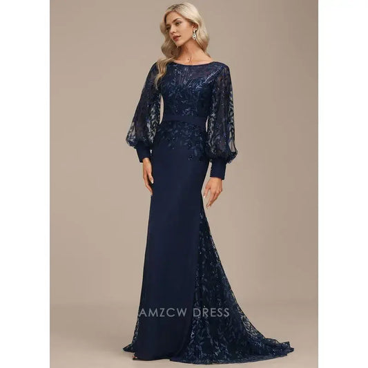 Elegant Plus size Lace Puff Sleeve Mermaid Maxi Dress with Sequin Detail Prom Dress