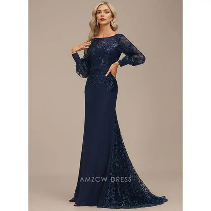 Elegant Plus size Lace Puff Sleeve Mermaid Maxi Dress with Sequin Detail Prom Dress