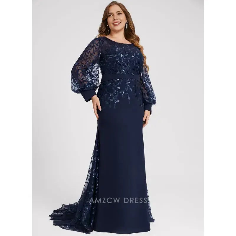 Elegant Plus size Lace Puff Sleeve Mermaid Maxi Dress with Sequin Detail Prom Dress
