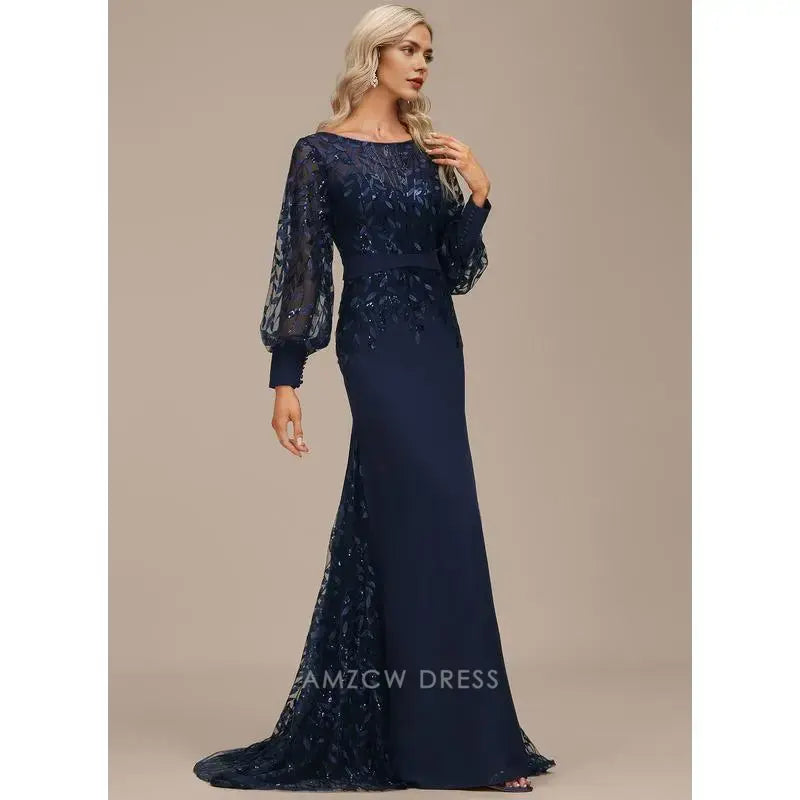 Elegant Plus size Lace Puff Sleeve Mermaid Maxi Dress with Sequin Detail Prom Dress