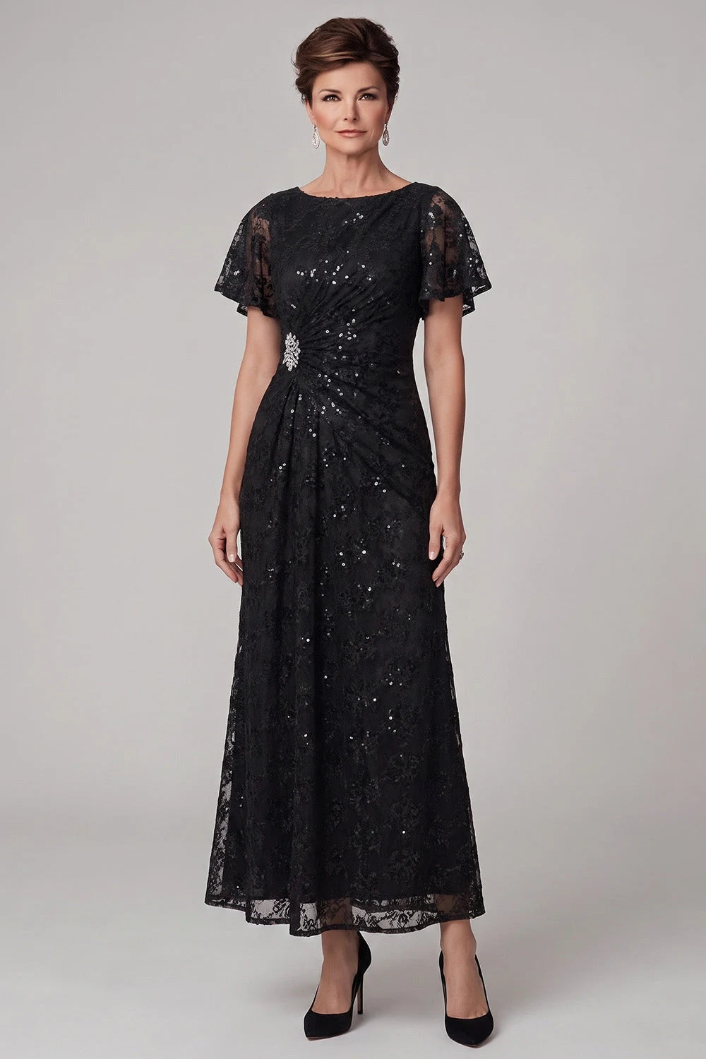 Elegant Sheath Bateau-Neck Short-Sleeve Ruched-Sequin Black Mother Of The Bride Dresses