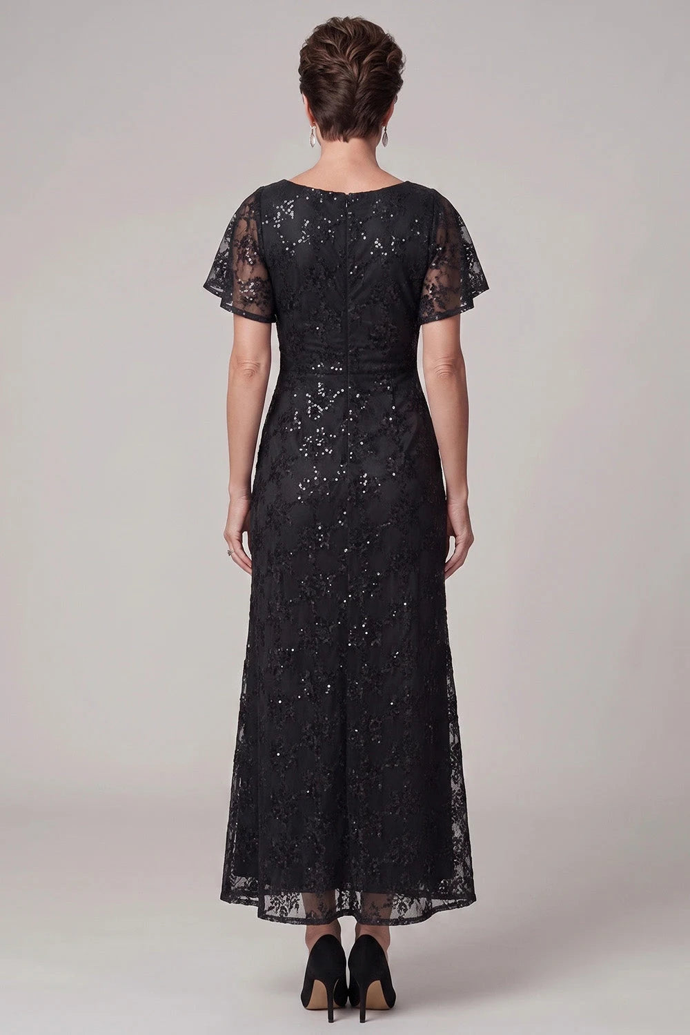 Elegant Sheath Bateau-Neck Short-Sleeve Ruched-Sequin Black Mother Of The Bride Dresses