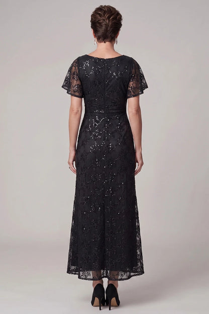 Elegant Sheath Bateau-Neck Short-Sleeve Ruched-Sequin Black Mother Of The Bride Dresses