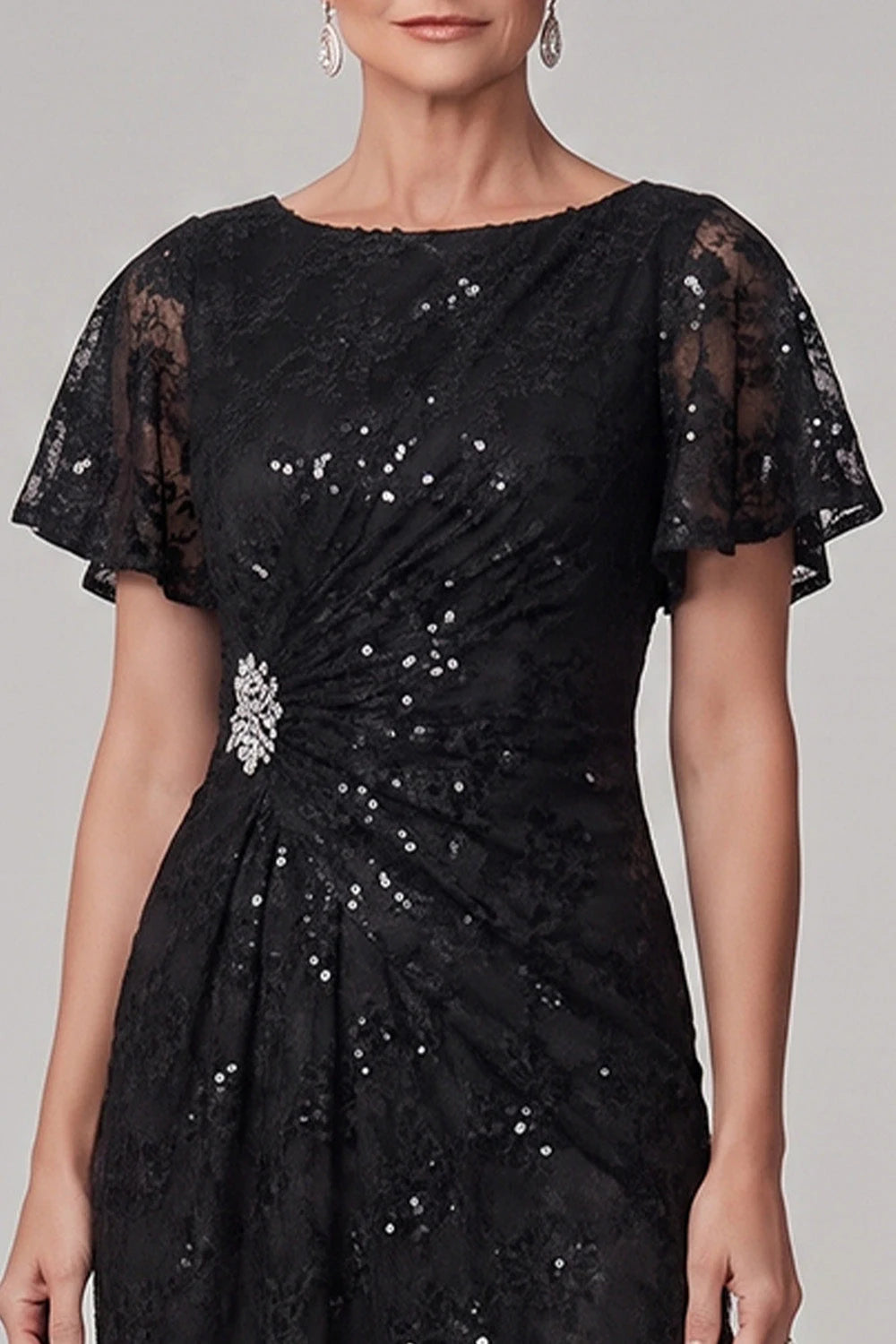 Elegant Sheath Bateau-Neck Short-Sleeve Ruched-Sequin Black Mother Of The Bride Dresses