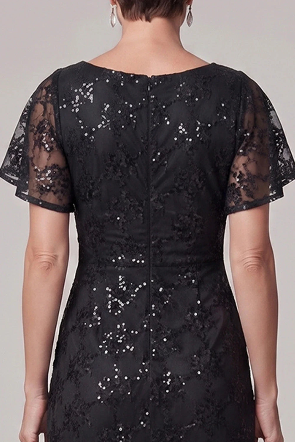 Elegant Sheath Bateau-Neck Short-Sleeve Ruched-Sequin Black Mother Of The Bride Dresses
