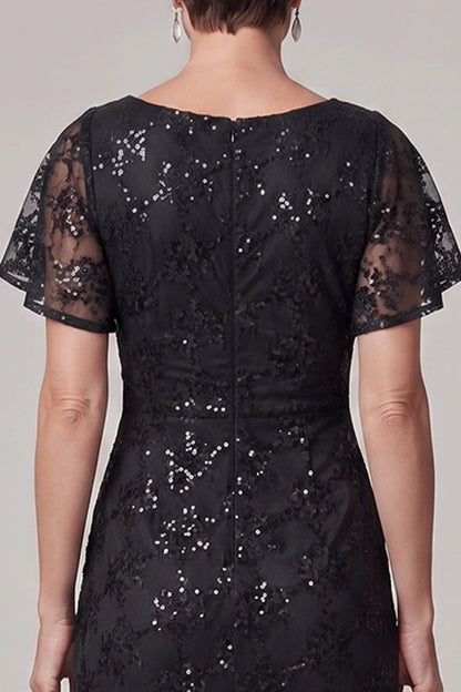 Elegant Sheath Bateau-Neck Short-Sleeve Ruched-Sequin Black Mother Of The Bride Dresses