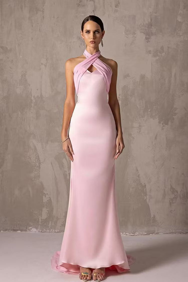 Elegant Sheath Criss-Cross Halter Sleeveless Flowy Blush Pink Floor-Length Prom Gown