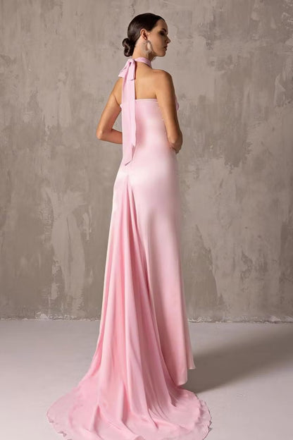 Elegant Sheath Criss-Cross Halter Sleeveless Flowy Blush Pink Floor-Length Prom Gown