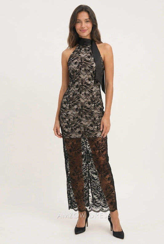 Elegant Sheath Halter Neck Lace Overlay High Slit Black Maxi Prom Dresses