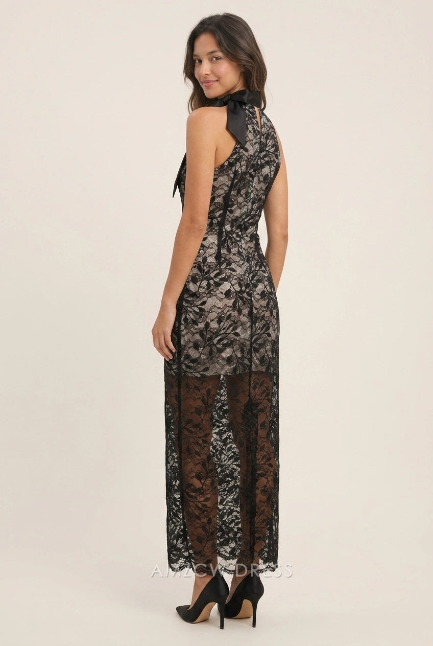 Elegant Sheath Halter Neck Lace Overlay High Slit Black Maxi Prom Dresses