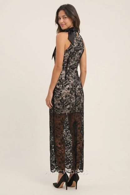 Elegant Sheath Halter Neck Lace Overlay High Slit Black Maxi Prom Dresses