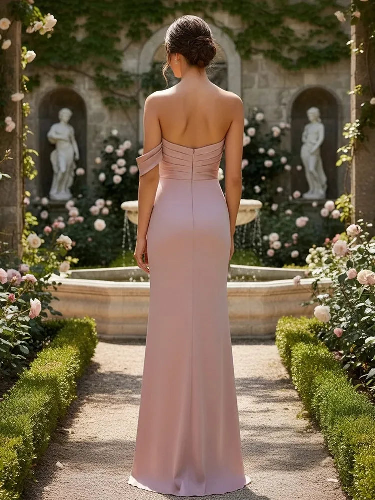 Elegant Sheath Off-Shoulder Ruched Slit Dusty Rose Floor-Length Prom Dress