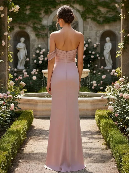 Elegant Sheath Off-Shoulder Ruched Slit Dusty Rose Floor-Length Prom Dress