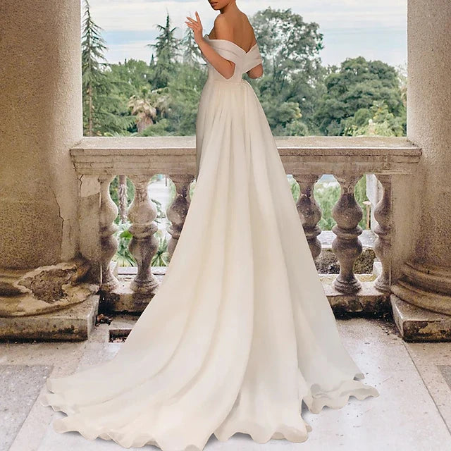 Elegant Sheath Off-Shoulder Sweetheart High Slit White Floor-Length Prom Dresses Gown