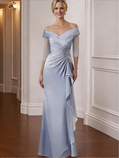 Elegant Sheath Off-Shoulder V-Neck Ruched Dusty Blue Floor-Length Prom Gown