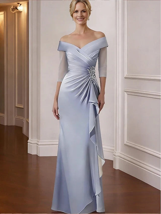 Elegant Sheath Off-Shoulder V-Neck Ruched Dusty Blue Floor-Length Prom Gown