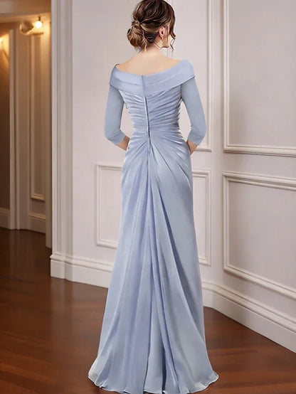 Elegant Sheath Off-Shoulder V-Neck Ruched Dusty Blue Floor-Length Prom Gown