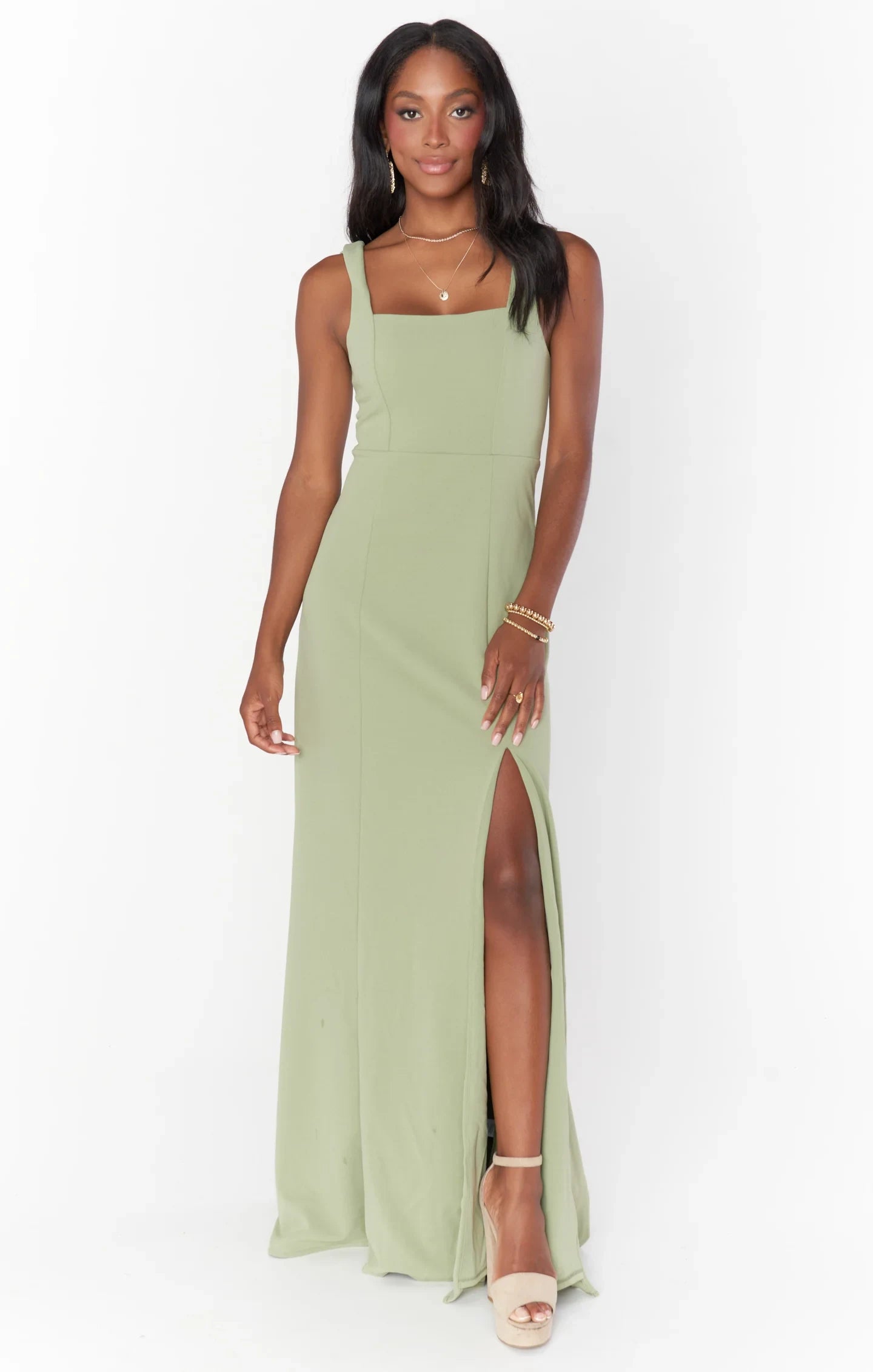 Elegant Sheath Square Neck Sleeveless Slit Back Tie Sage Green Floor-Length Prom Dress