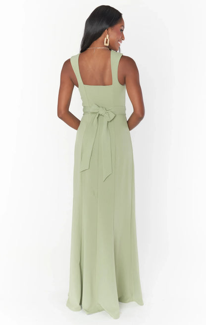 Elegant Sheath Square Neck Sleeveless Slit Back Tie Sage Green Floor-Length Prom Dress