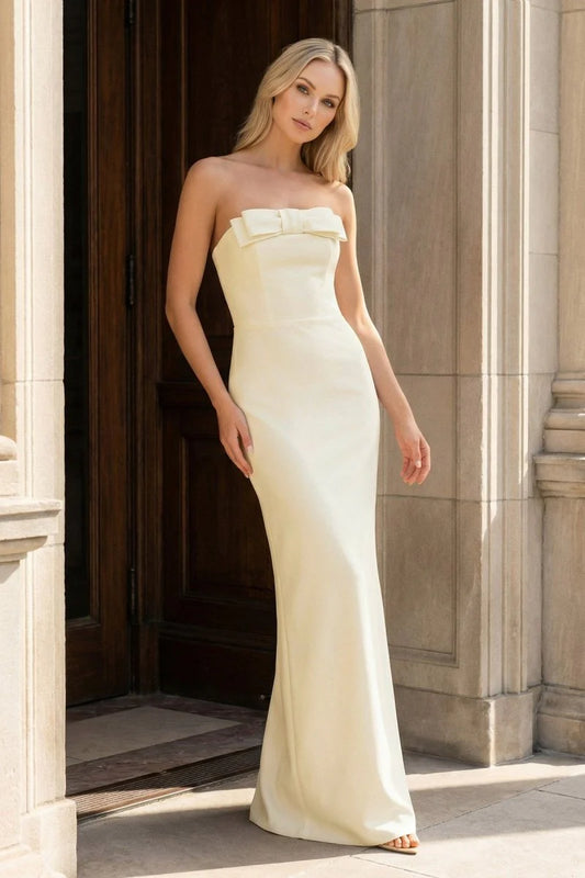 Elegant Sheath Strapless Bow Detail Lace-Up Back Light Yellow Long Prom Dresses