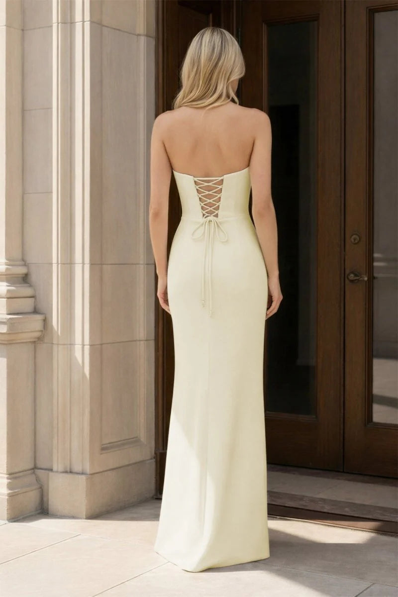 Elegant Sheath Strapless Bow Detail Lace-Up Back Light Yellow Long Prom Dresses