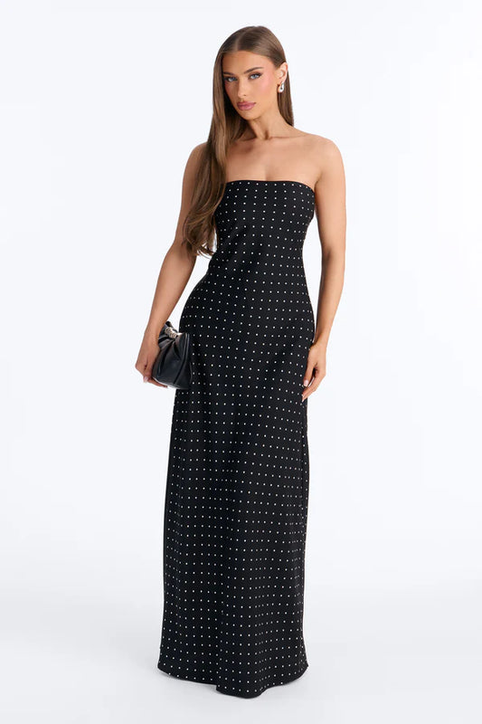 Elegant Sheath Strapless Sleeveless Embellished Backless Black Floor-Length Women's Prom Gown