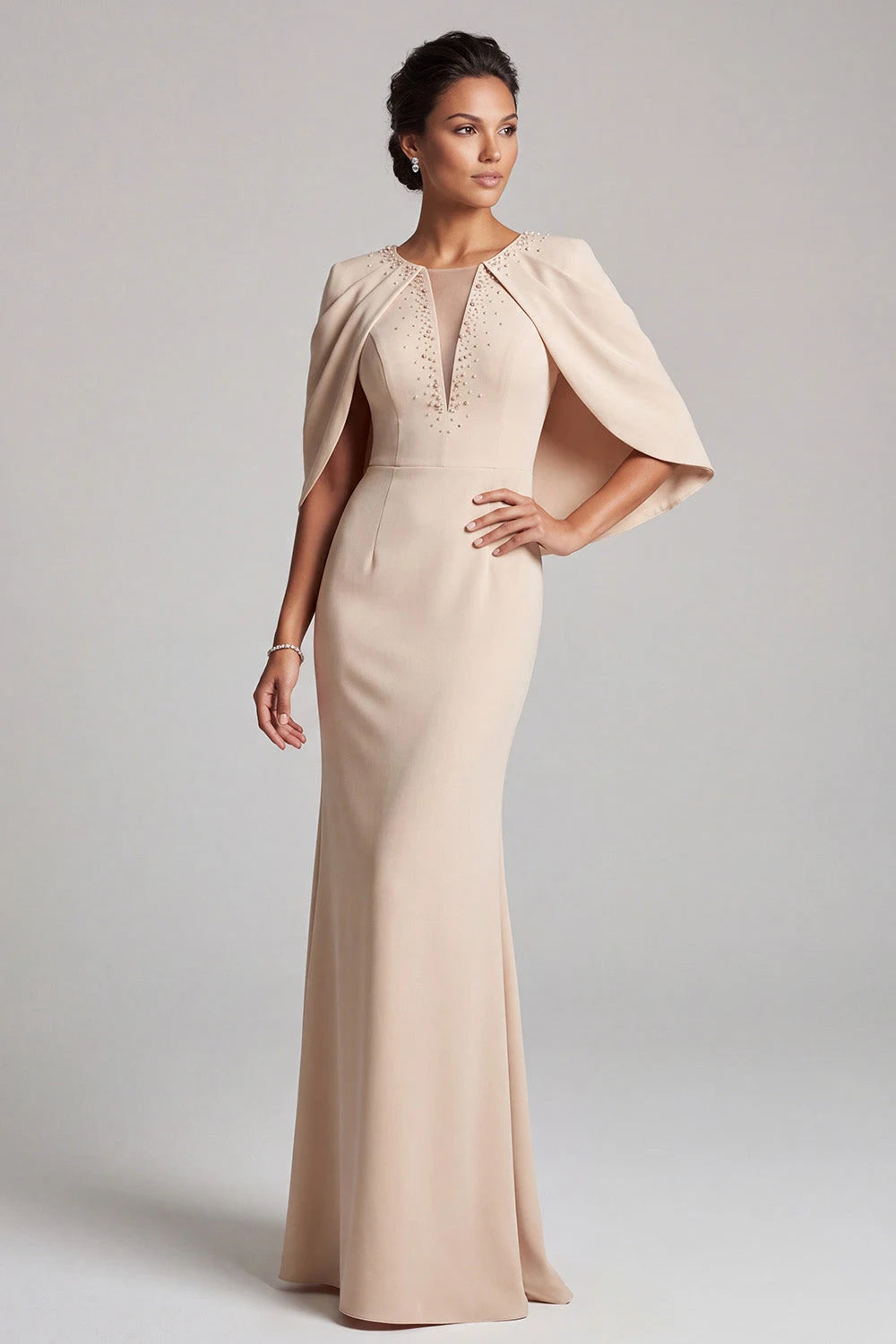 Elegant Sheath V-Neck Capelet Beaded Champagne Maxi Mother Of The Bride Dresses