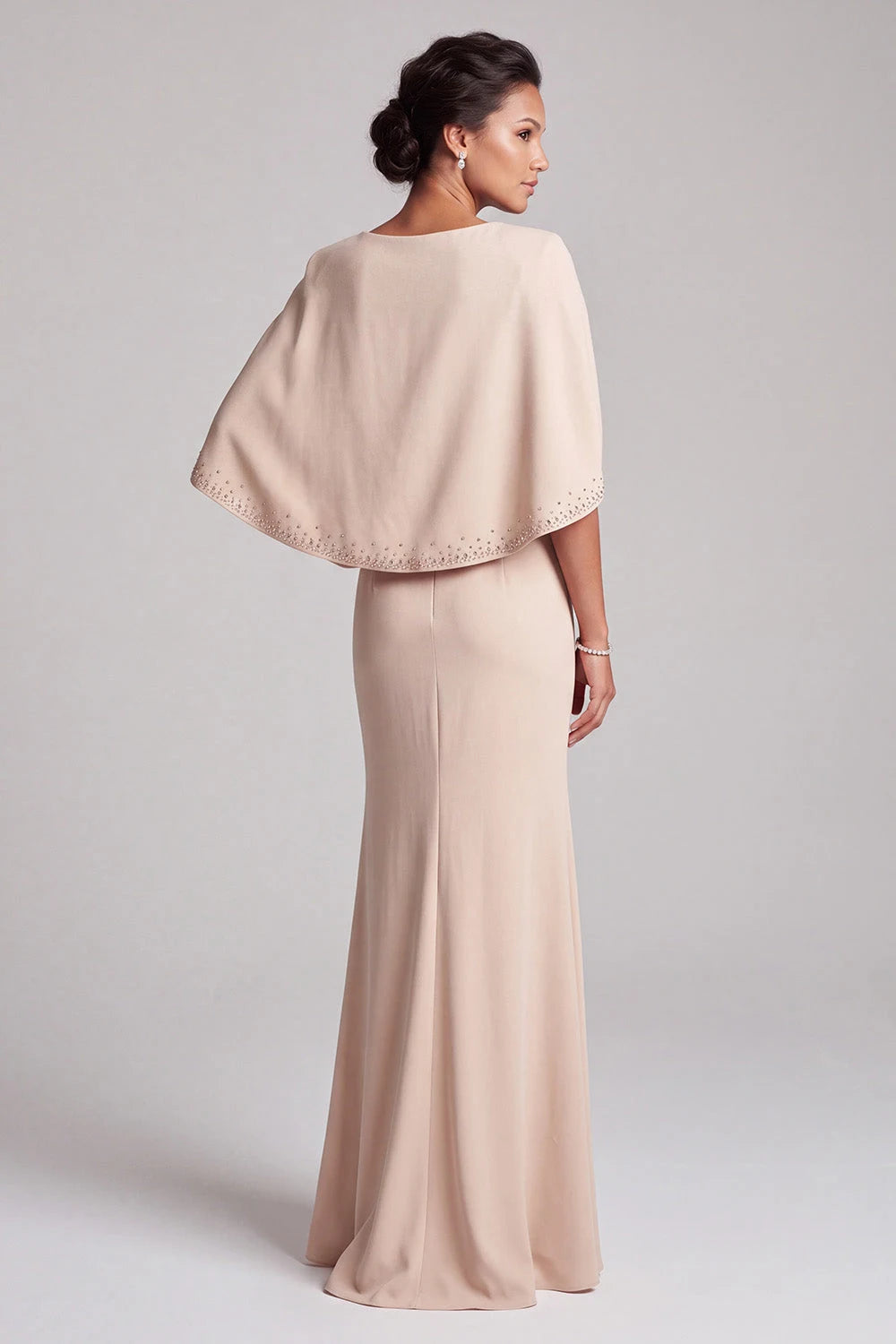 Elegant Sheath V-Neck Capelet Beaded Champagne Maxi Mother Of The Bride Dresses