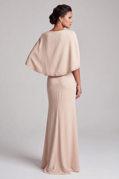 Elegant Sheath V-Neck Capelet Beaded Champagne Maxi Mother Of The Bride Dresses