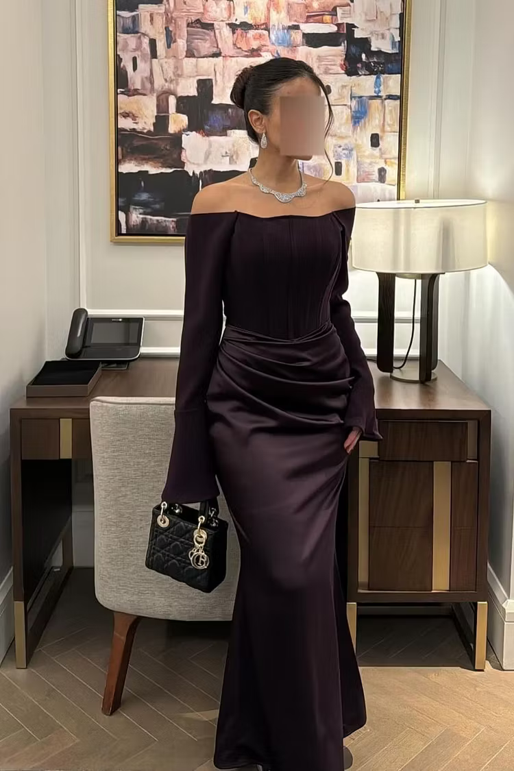 Elegant Slim-Fit Off-Shoulder Long Sleeve Ruched Plum Floor-Length Prom Dresses Gown