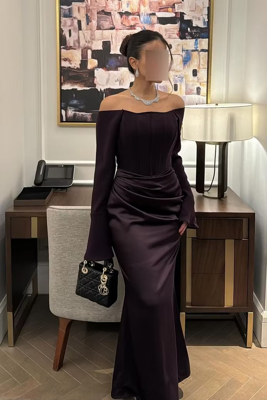 Elegant Slim-Fit Off-Shoulder Long Sleeve Ruched Plum Floor-Length Prom Dresses Gown