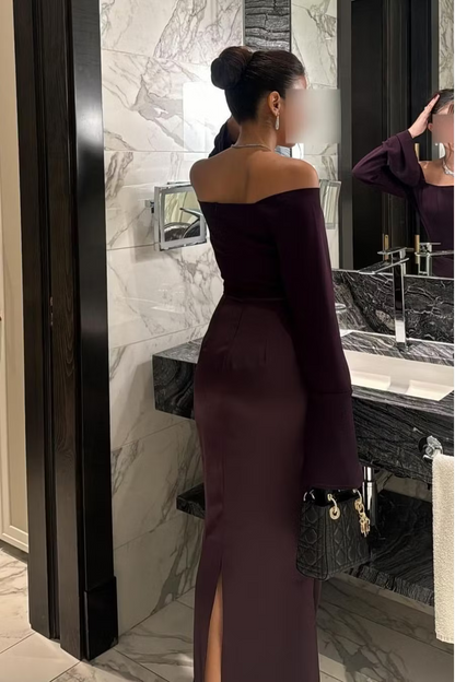 Elegant Slim-Fit Off-Shoulder Long Sleeve Ruched Plum Floor-Length Prom Dresses Gown