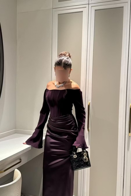 Elegant Slim-Fit Off-Shoulder Long Sleeve Ruched Plum Floor-Length Prom Dresses Gown