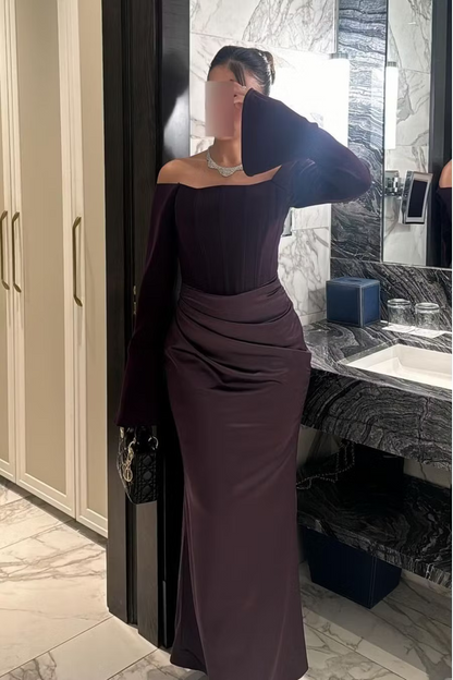 Elegant Slim-Fit Off-Shoulder Long Sleeve Ruched Plum Floor-Length Prom Dresses Gown