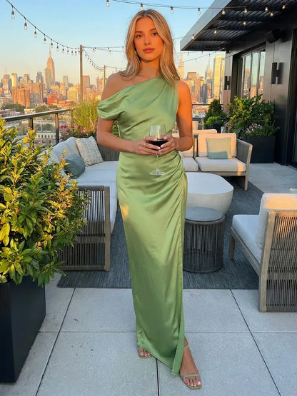 Elegant Slim-Fit One-Shoulder Ruched Slit Green Floor-Length Prom Dresses Women's Gown