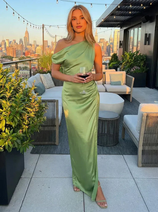 Elegant Slim-Fit One-Shoulder Ruched Slit Green Floor-Length Prom Dresses Women's Gown