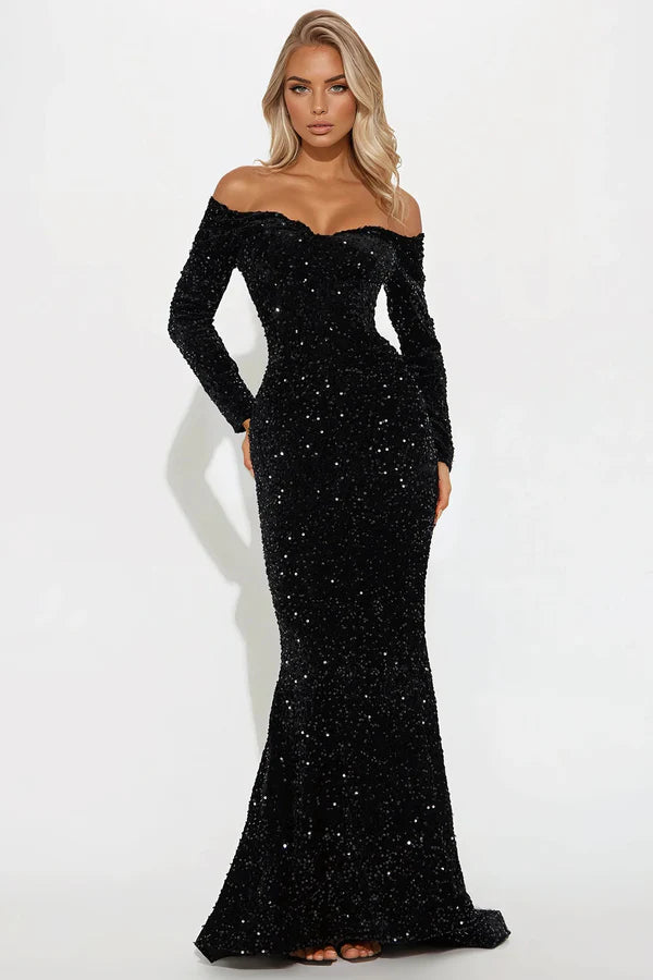 Elegant Sparkling Mermaid Off-Shoulder Long Sleeve Black Floor-Length Prom Gown