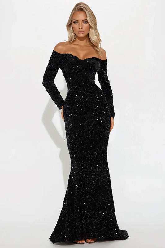 Elegant Sparkling Mermaid Off-Shoulder Long Sleeve Black Floor-Length Prom Gown
