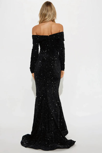 Elegant Sparkling Mermaid Off-Shoulder Long Sleeve Black Floor-Length Prom Gown